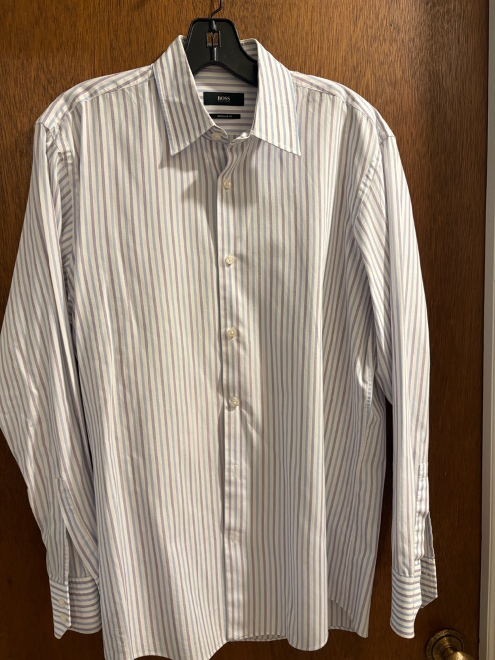 BOSS White Dress Shirt with Light Blue/Purple/ White Stripes